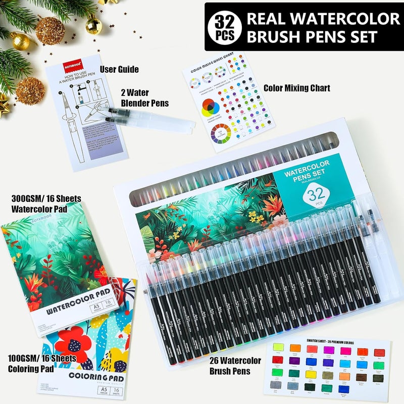 AOTEMOON 32 Watercolor Pens Set Includes 26 Vivid Colors, Real Brush Tips Paint Markers Set with 2 Blender Pens, Watercolor Pad and Coloring Pad, Art Supplies Gifts for Beginners Young Artists and Adults - Image 2